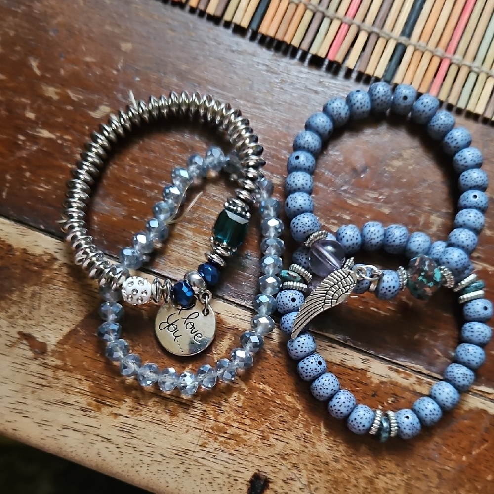Silver and Blue Beaded Bracelet Set